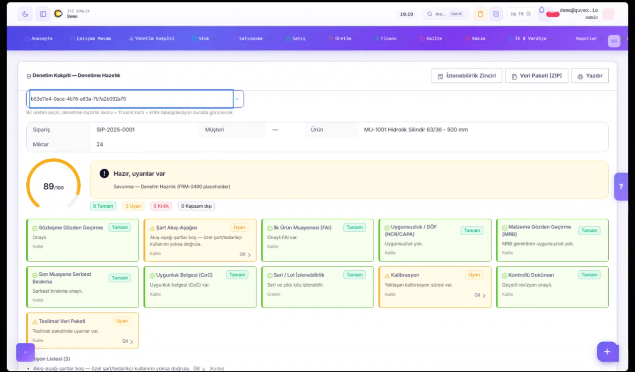 Örnek verilerle Quvex demo denetim hazırlık kokpiti