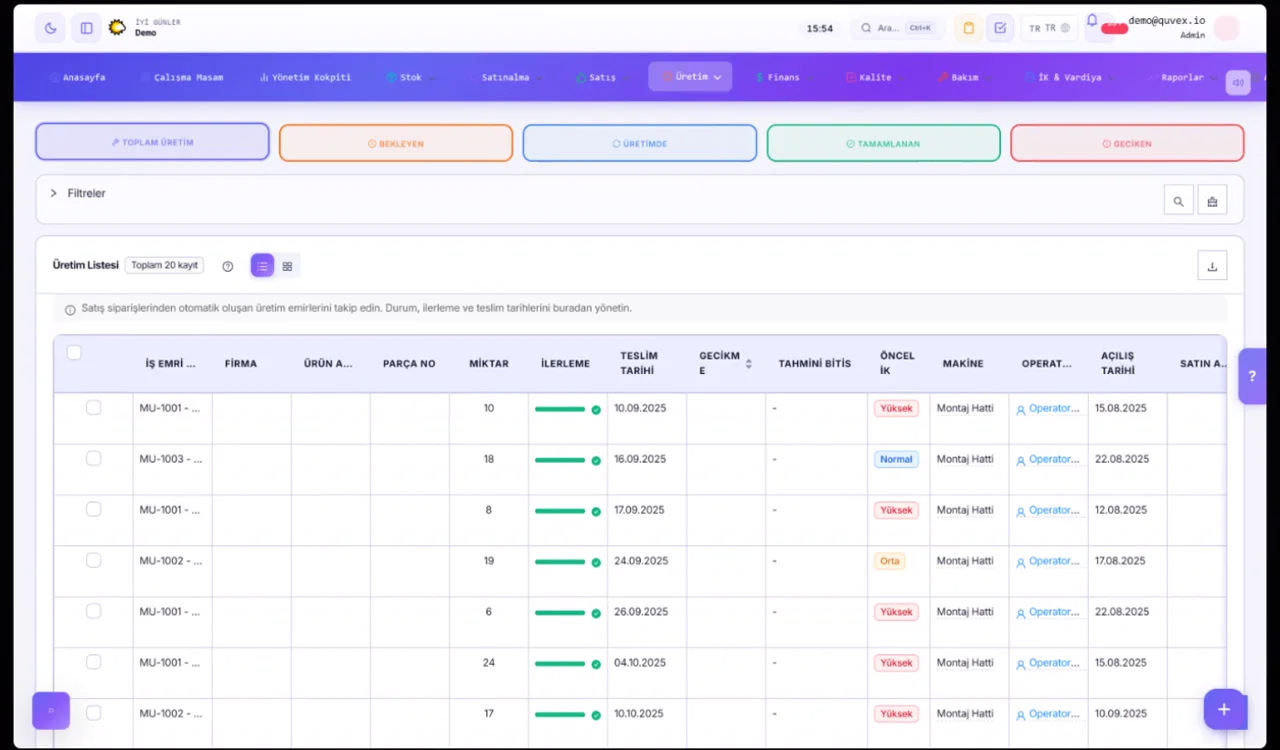 Örnek verilerle Quvex demo üretim planlama ve iş emri listesi